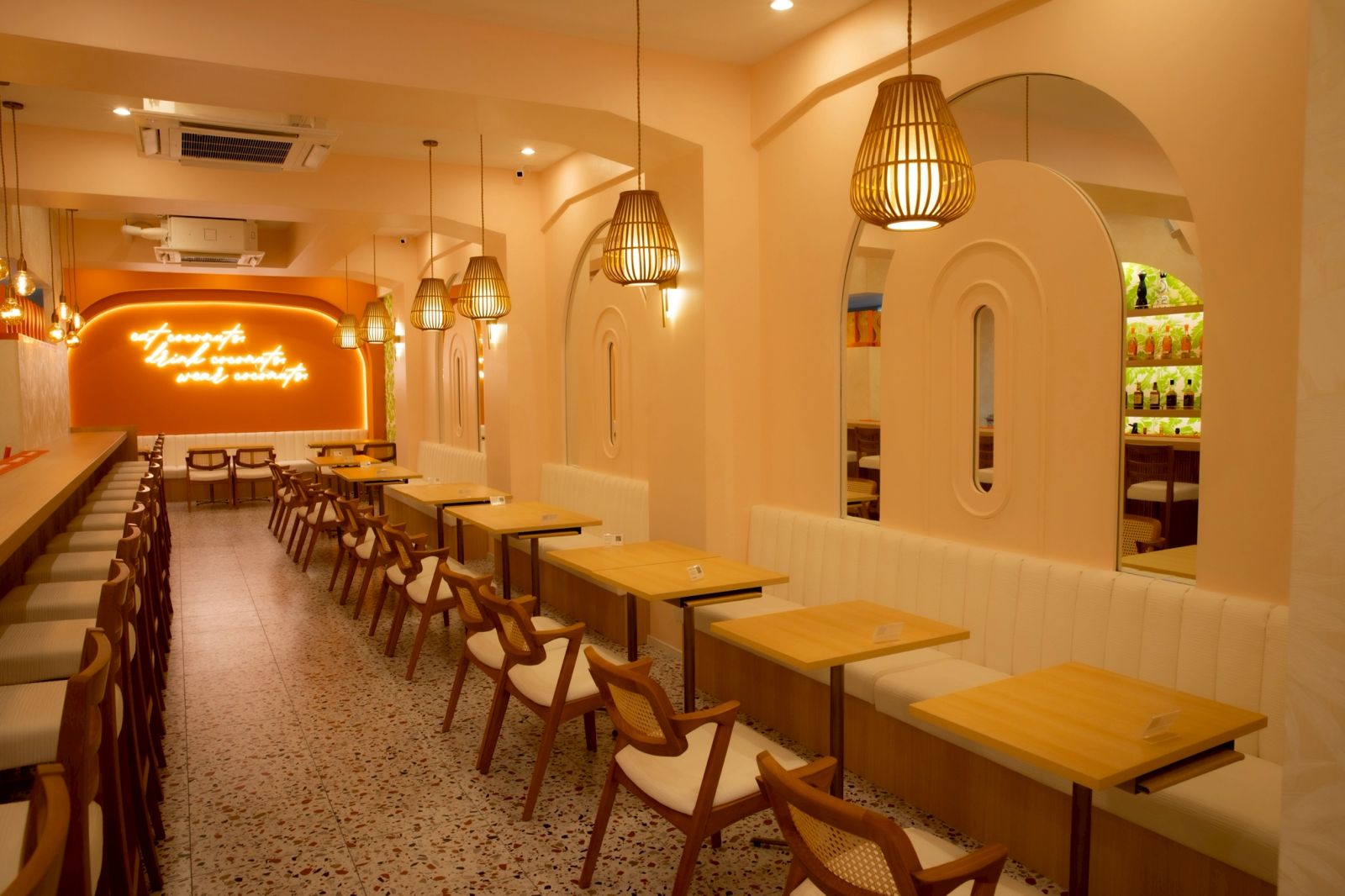 Interior of Lanikai Café in Osaka’s Kitashinchi, featuring a warm island-inspired design where TWO Matcha lattes and tins are served.
