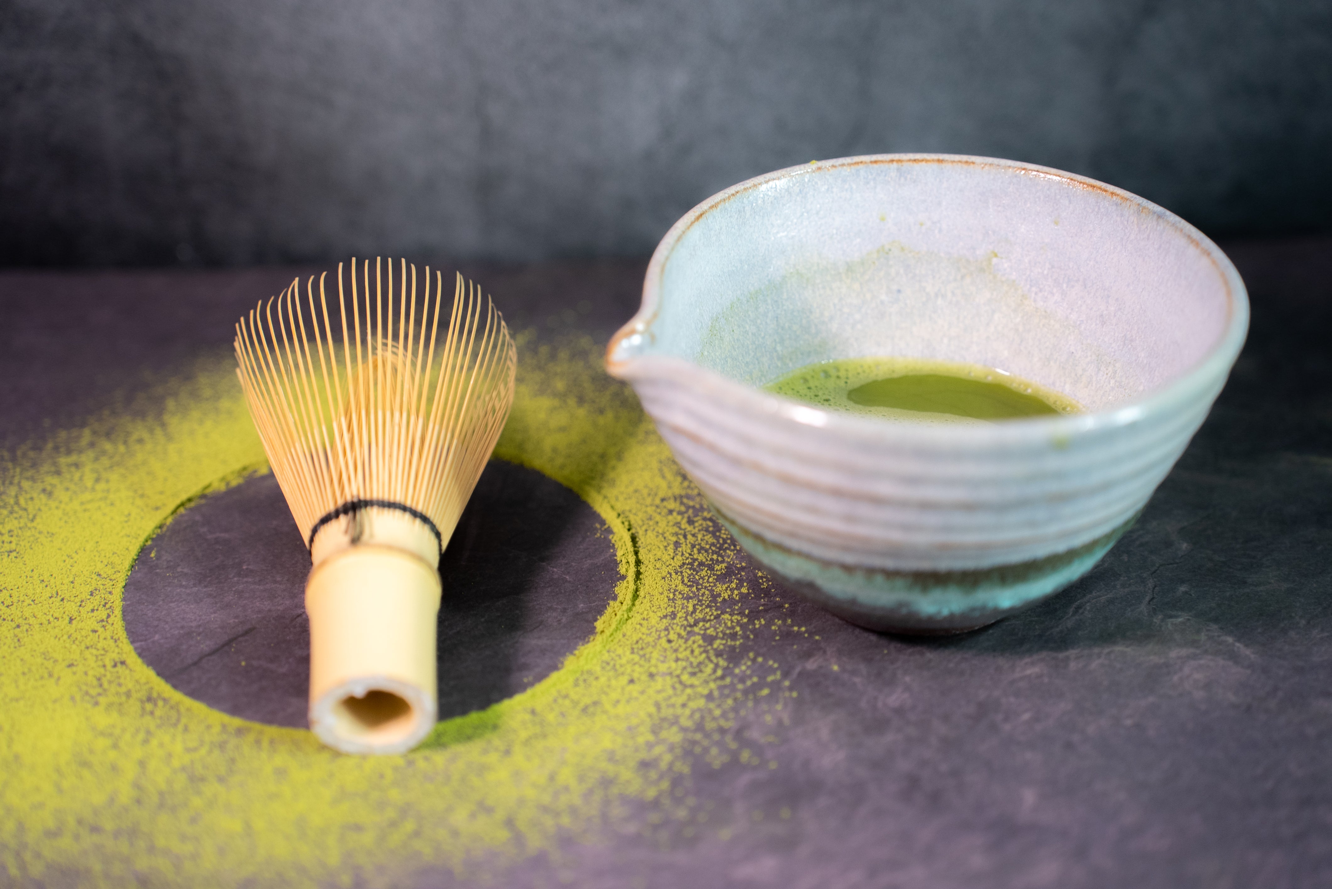matcha in bowl with chasen